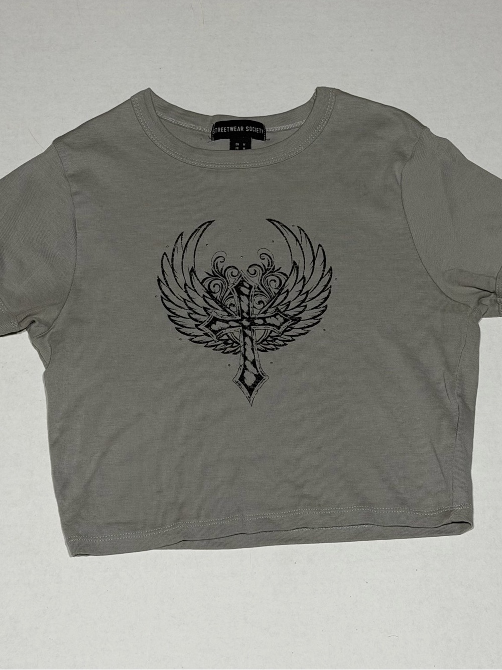 Streetwear Society Y2K Olive Gray Winged Cross Crop Tee